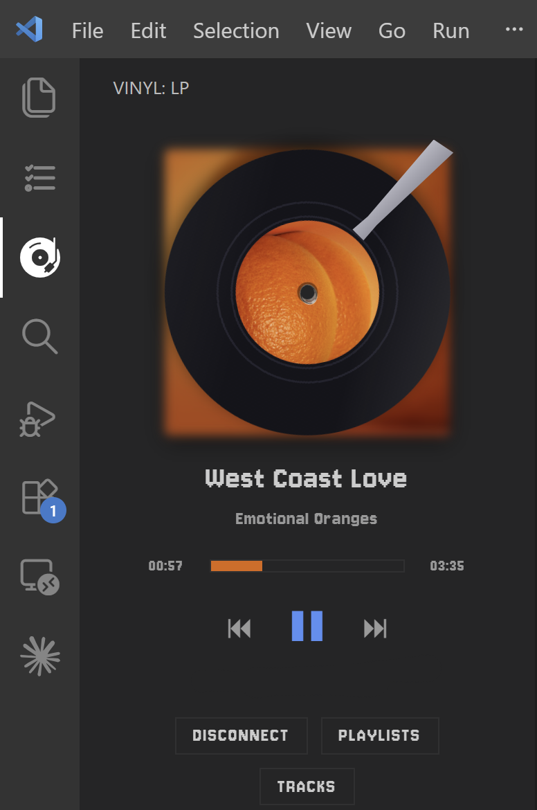 Vinyl Player spinning an LP in the VS Code sidebar