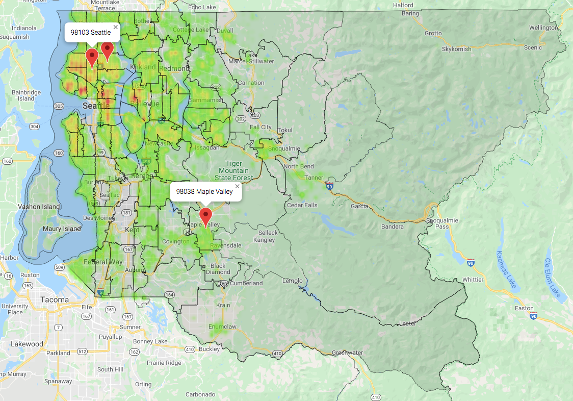 Gross Sales By Location Heatmap of King County with Zip Code Boundaries and the top two most active zip codes for house sales indicated with red markers