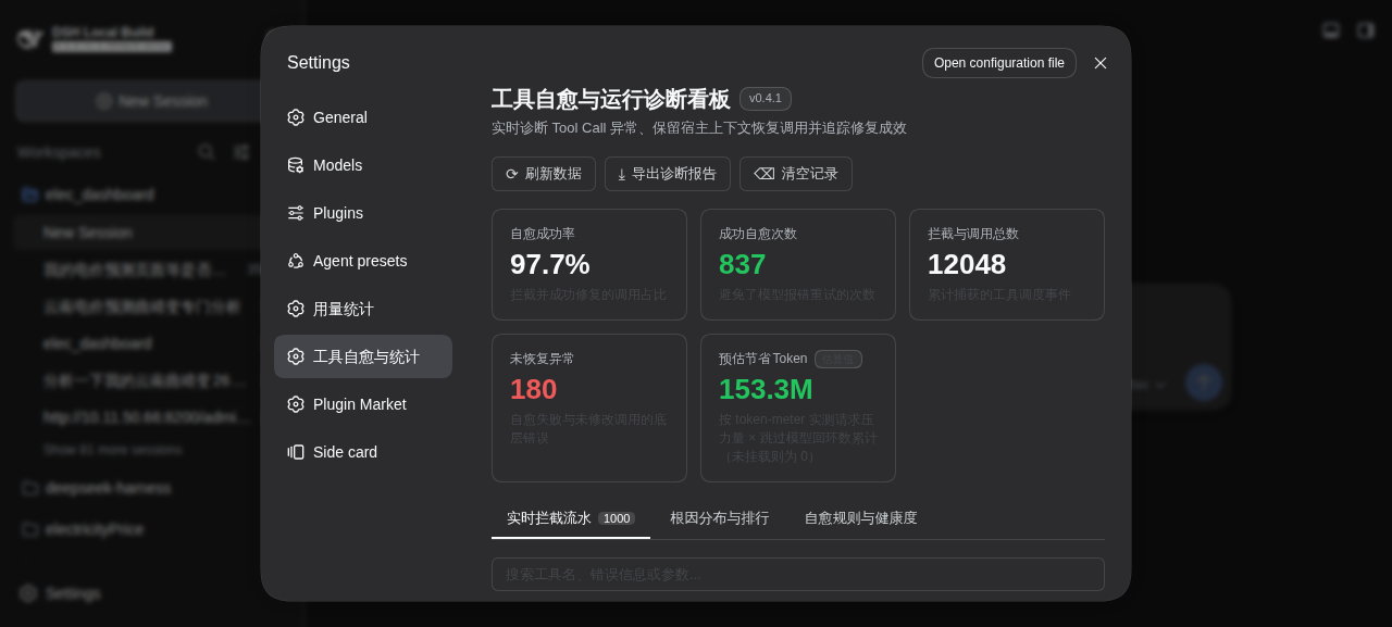 Tool Normalizer dashboard: 97.7% healing rate, 837 healed calls, 153.3M tokens saved