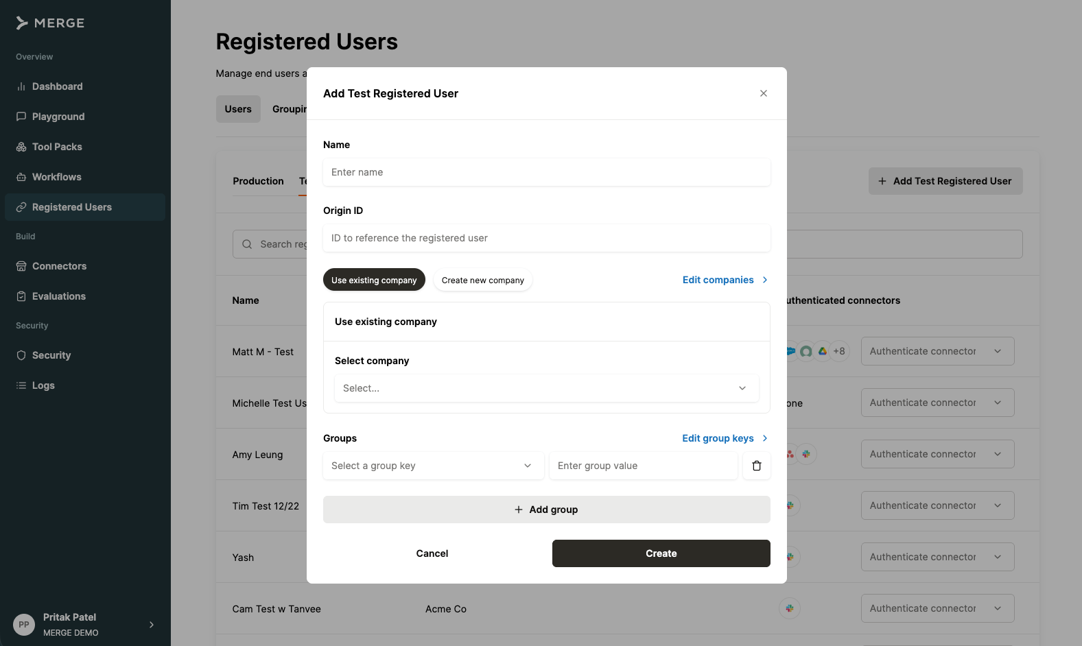 Adding a Registered User in the Merge dashboard