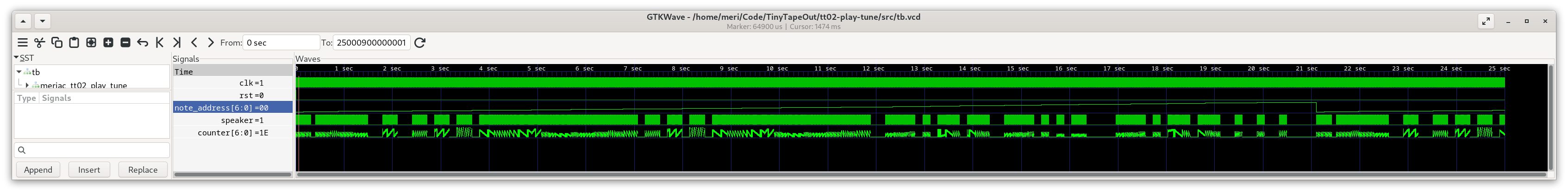 25s of Verilog simulation - showing the Waveform output