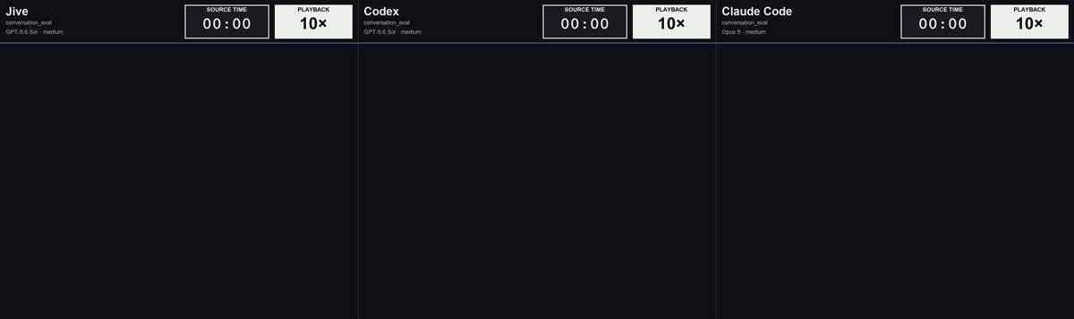 Jive, Codex, and Claude Code running the conversation_eval task side by side at 50x playback