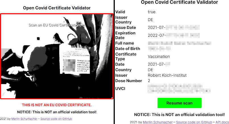 An example of a scanned and validated COVID Certificate