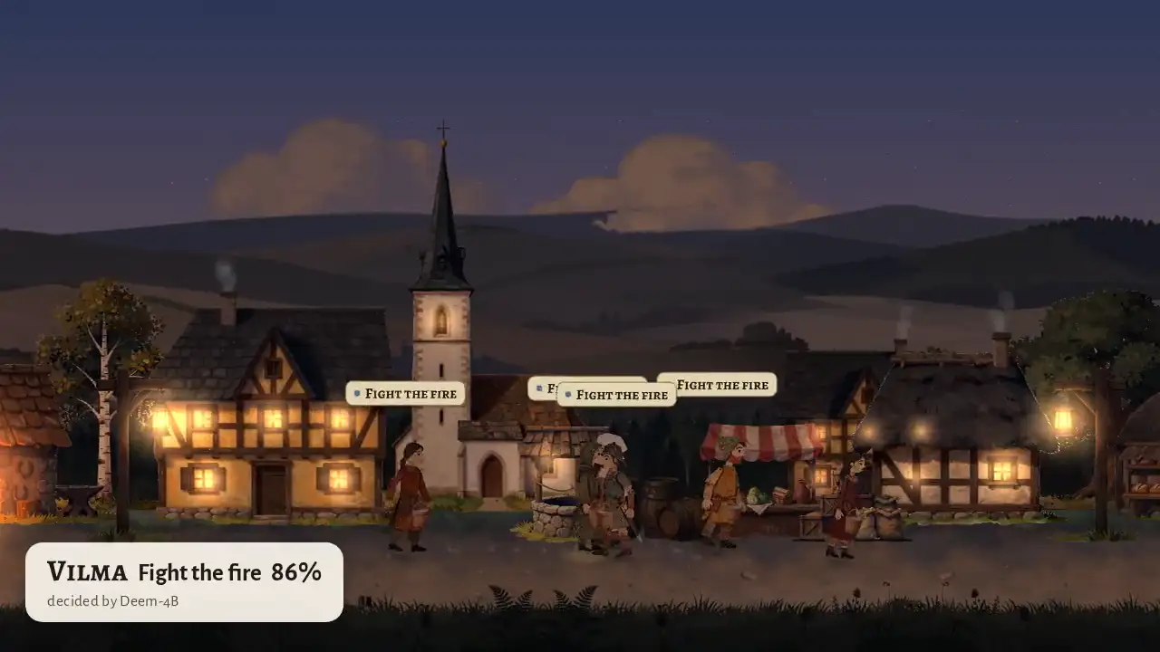 Emberwick: villagers respond to a barn fire, with decisions from the JevAlt models