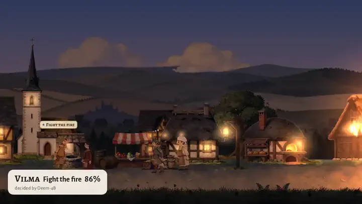 Emberwick village game: villagers fight a barn fire, shelter from a storm and gather herbs, and each label shows the action a JevAlt model chose with its probability