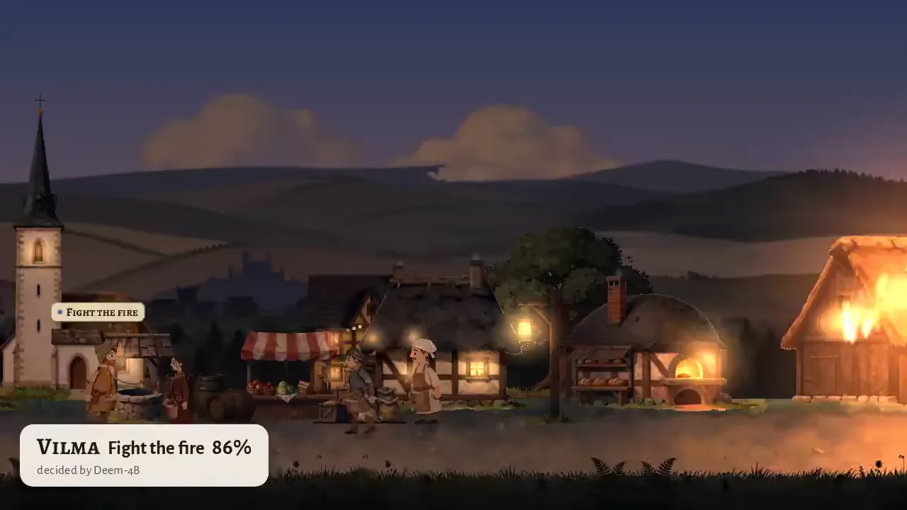 Emberwick at dusk: a barn burns while villagers gather at the well, and a label shows Vilma's chosen action, fight the fire, at 86% from Deem-4B