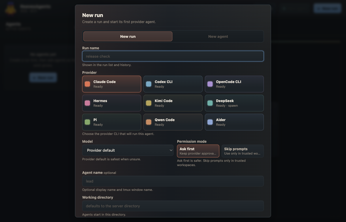 ReevesAgents Web UI: starting a new run