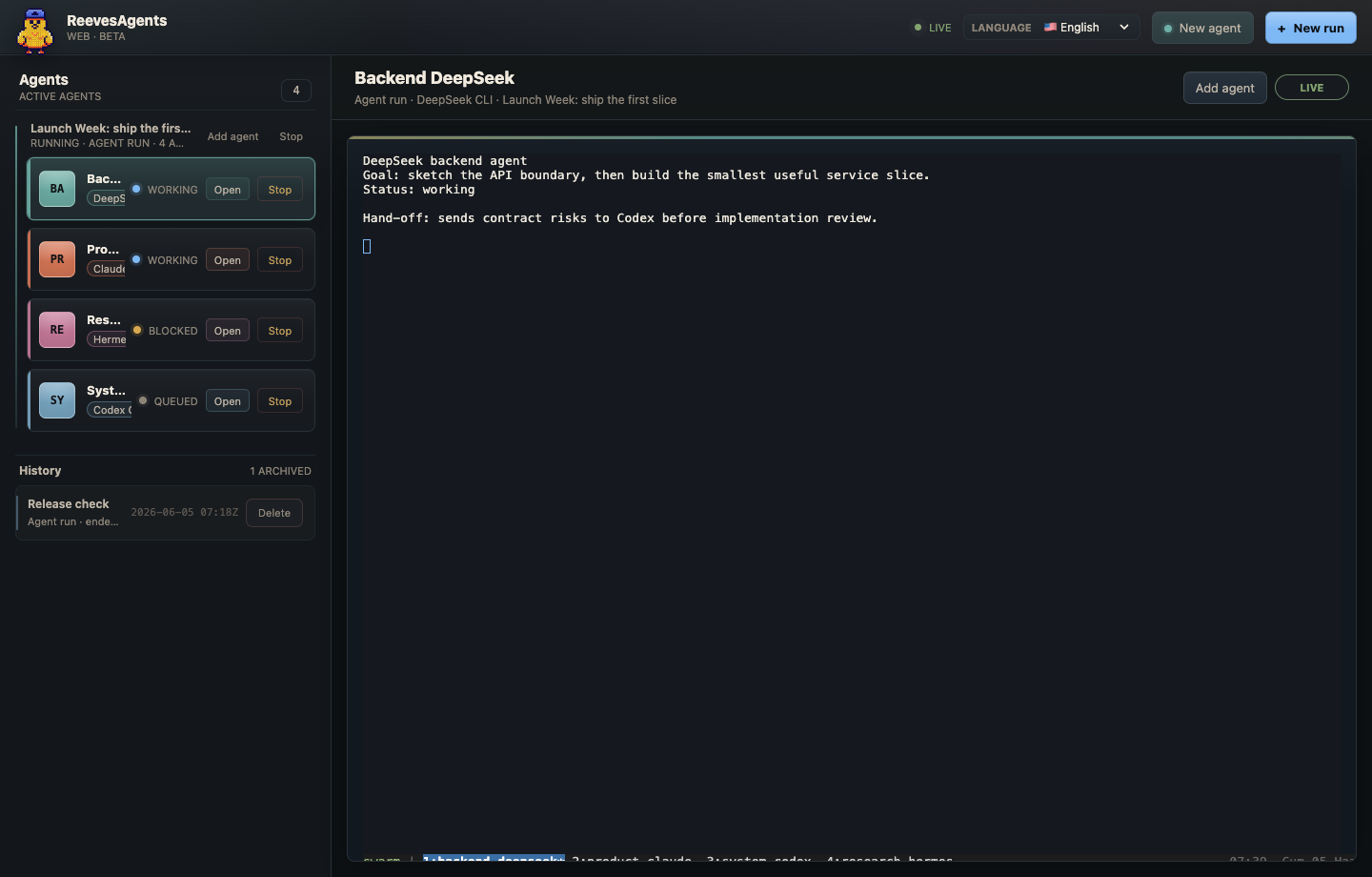 ReevesAgents Web UI showing a live multi-agent run