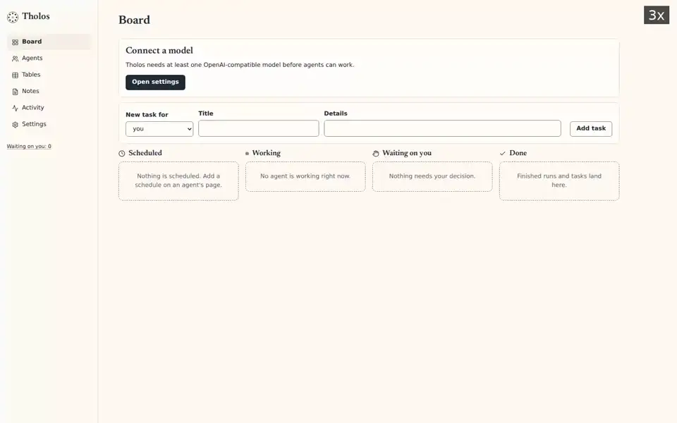 A recorded Research desk run with Tholos-2B, sped up: adding the model in Settings, Scout filling the leads table, Analyst scoring the rows and the Writer's weekly brief