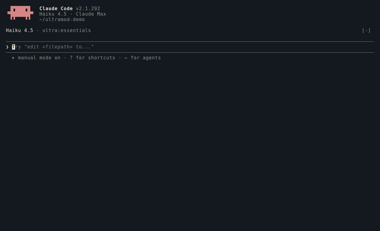 Claude Code with Ultra Mod: the HUD above the prompt, a receipt under the answer, the guard holding git reset --hard, /ultra undo restoring the work, a refused .env read and the control pane