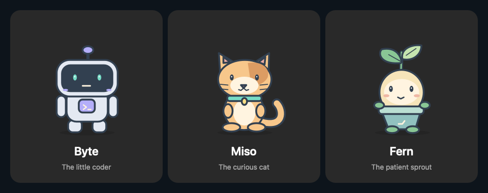 Byte the robot, Miso the cat and Fern the sprout, original Agent Pet characters