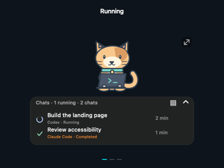 A Codex chat changes from a spinning progress indicator to waiting, then a completion checkmark