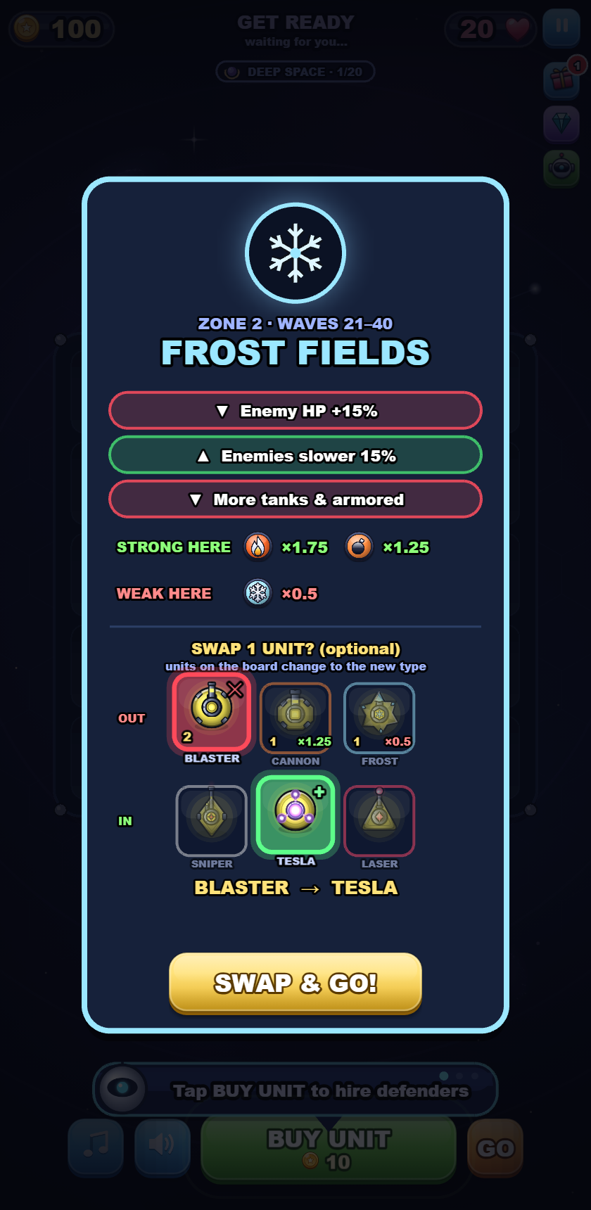 Merge Sentinel in-game Zone 2 screen showing Frost Fields modifiers and an optional squad swap