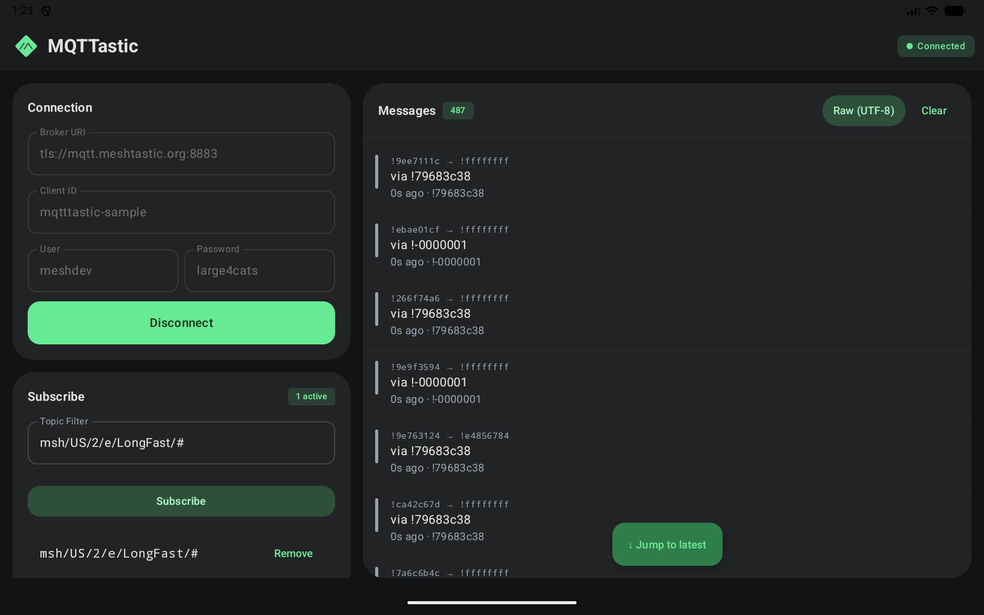 MQTTastic sample app running on Android, connected to mqtt.meshtastic.org and streaming live mesh traffic