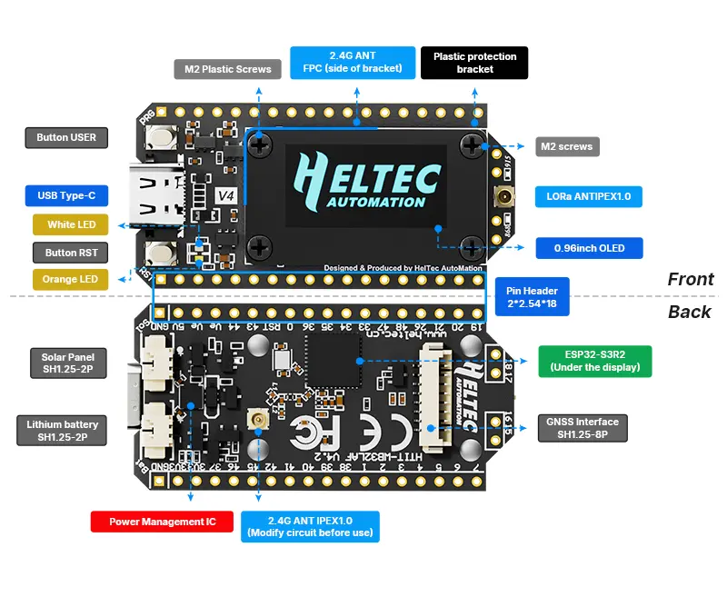 Carte Heltec WiFi LoRa 32 ESP32-S3 avec écran OLED, face avant et face arrière