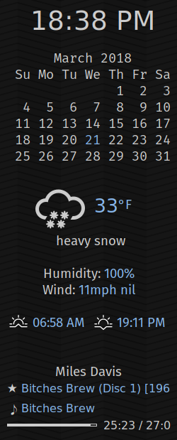 calendar and weather information on a black background