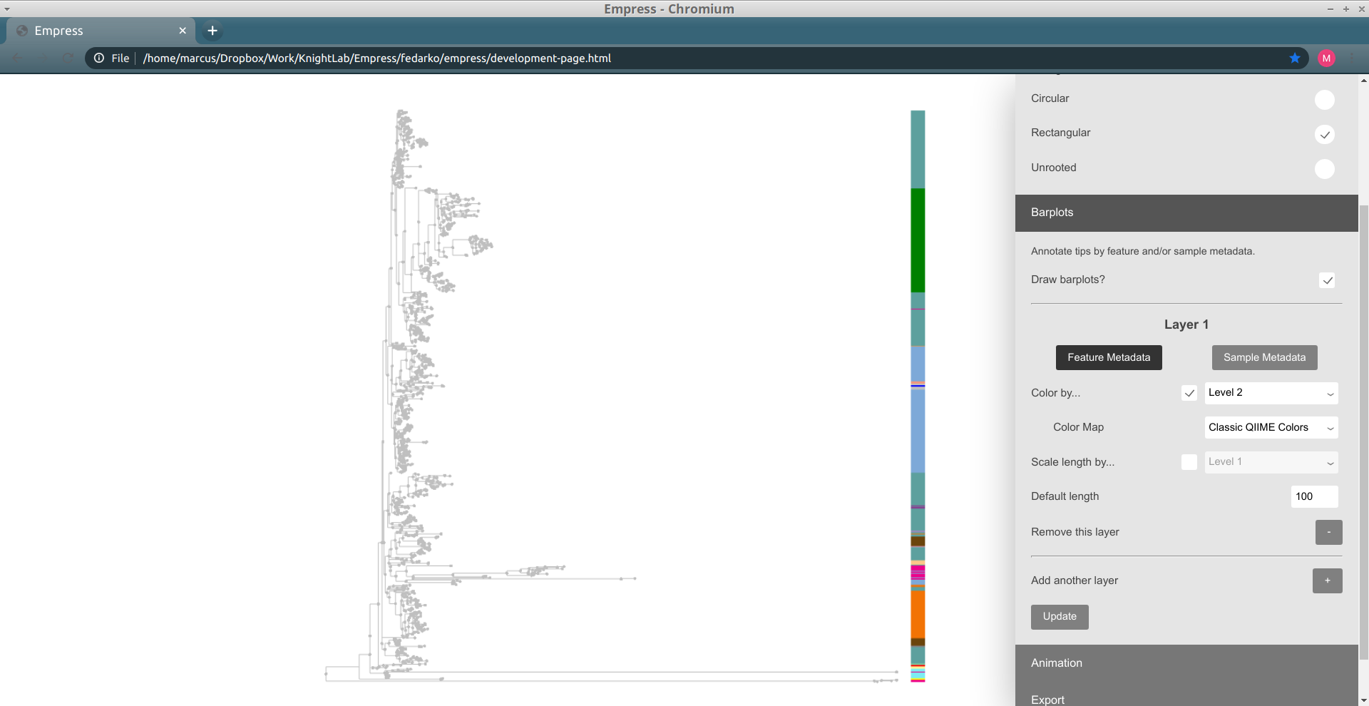 empress barplots: phylum coloring