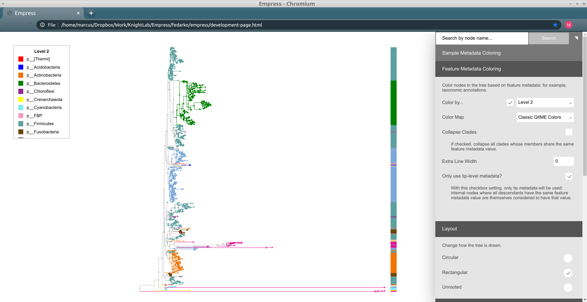 empress barplots: phylum coloring and tree phylum coloring