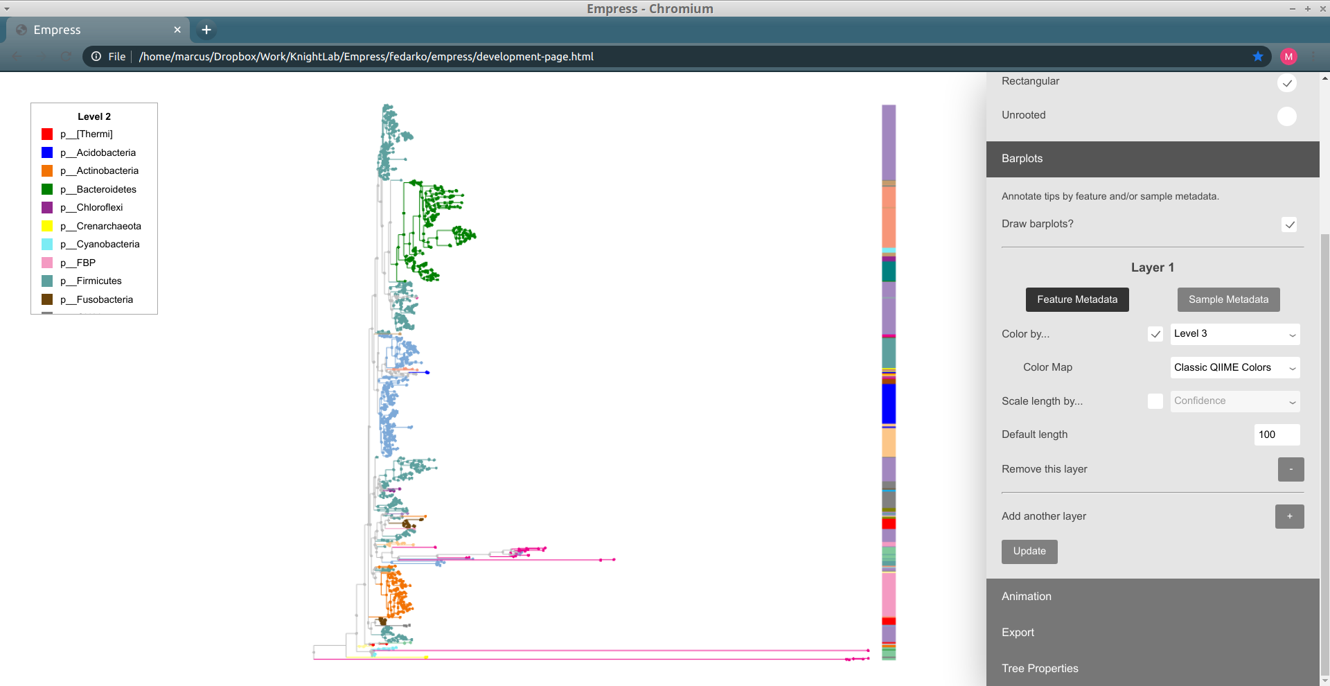 empress barplots: class coloring and tree phylum coloring