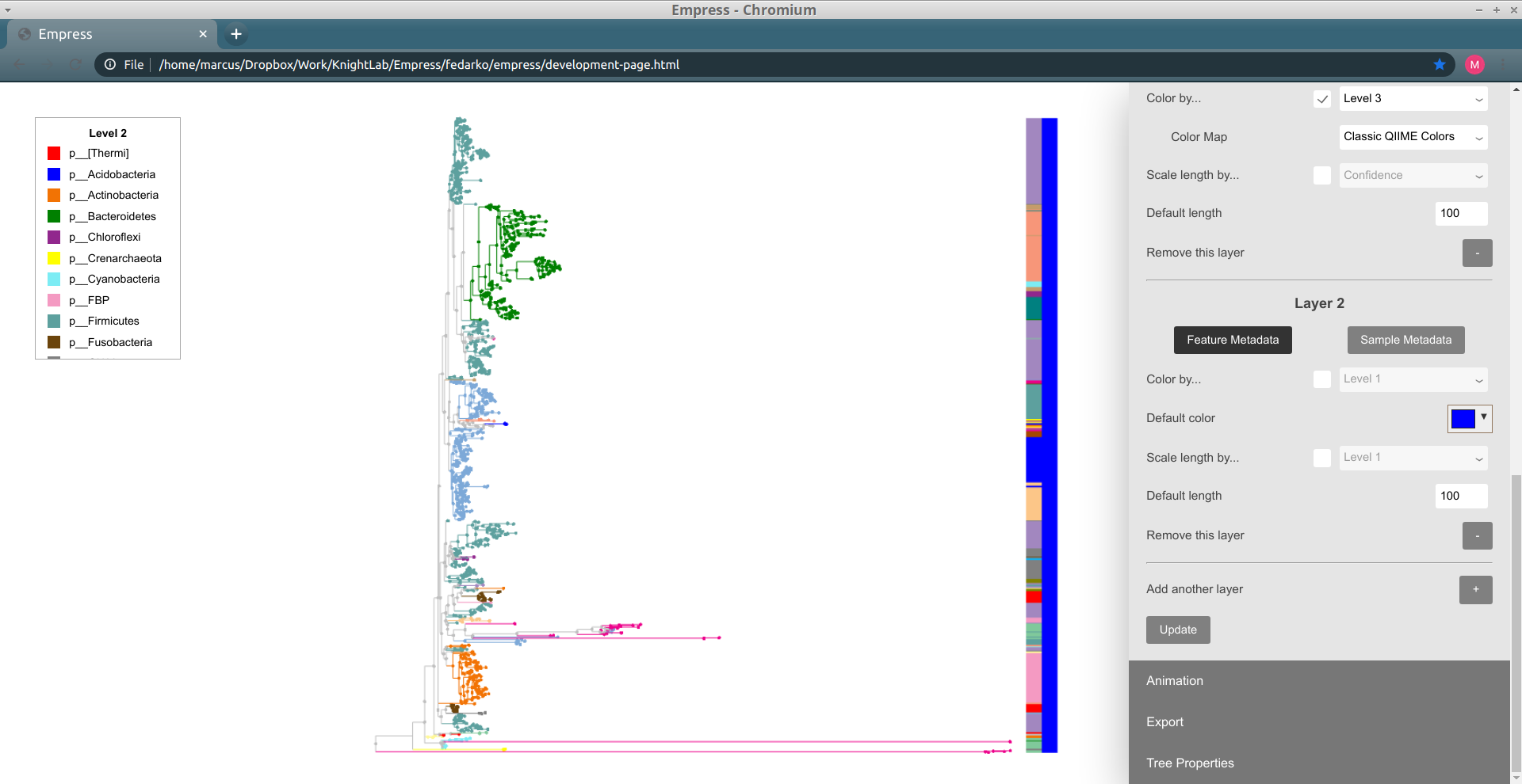 empress barplots: class coloring layer 1, empty layer 2, and tree phylum coloring