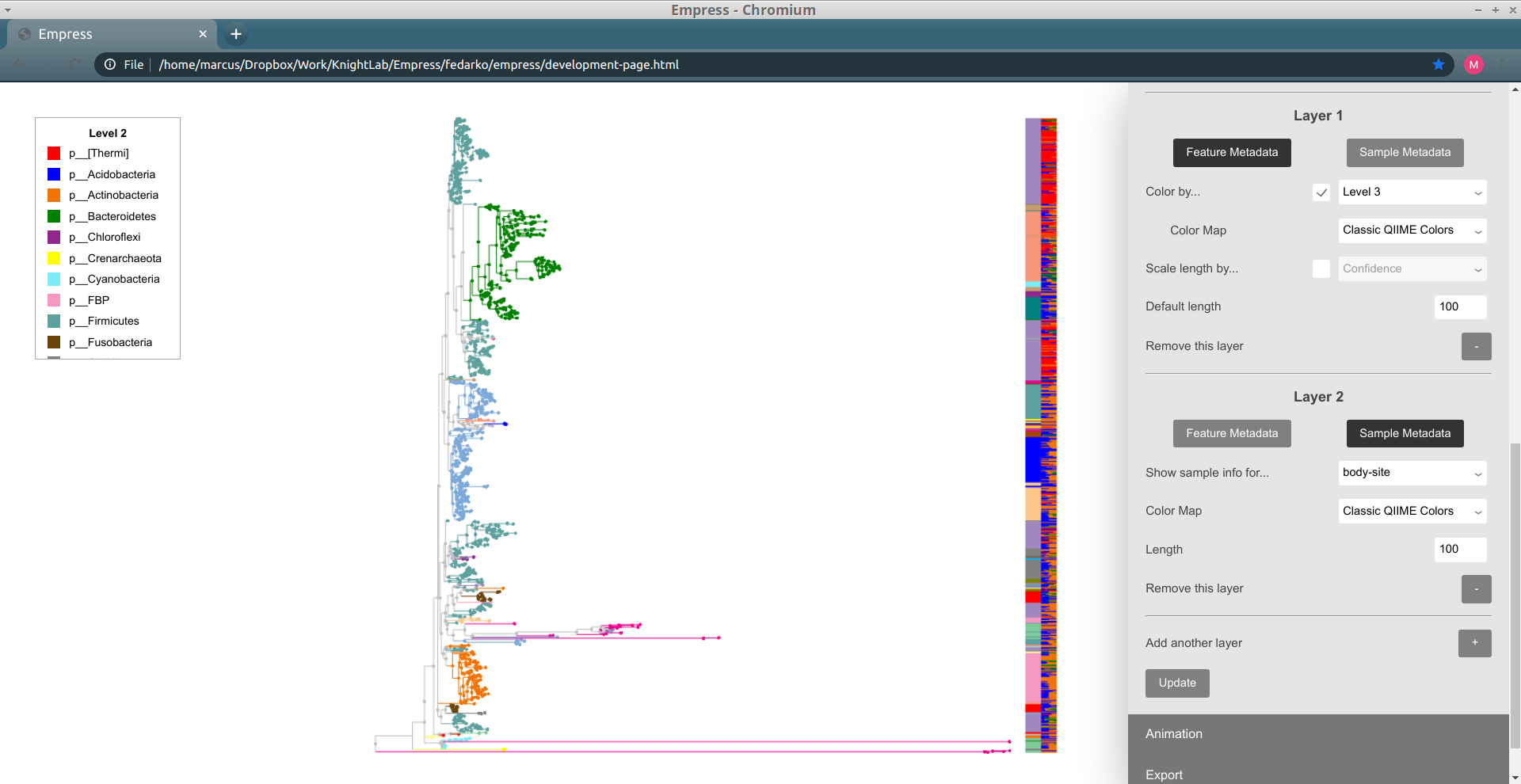 empress barplots: class coloring layer 1, bodysite layer 2, and tree phylum coloring