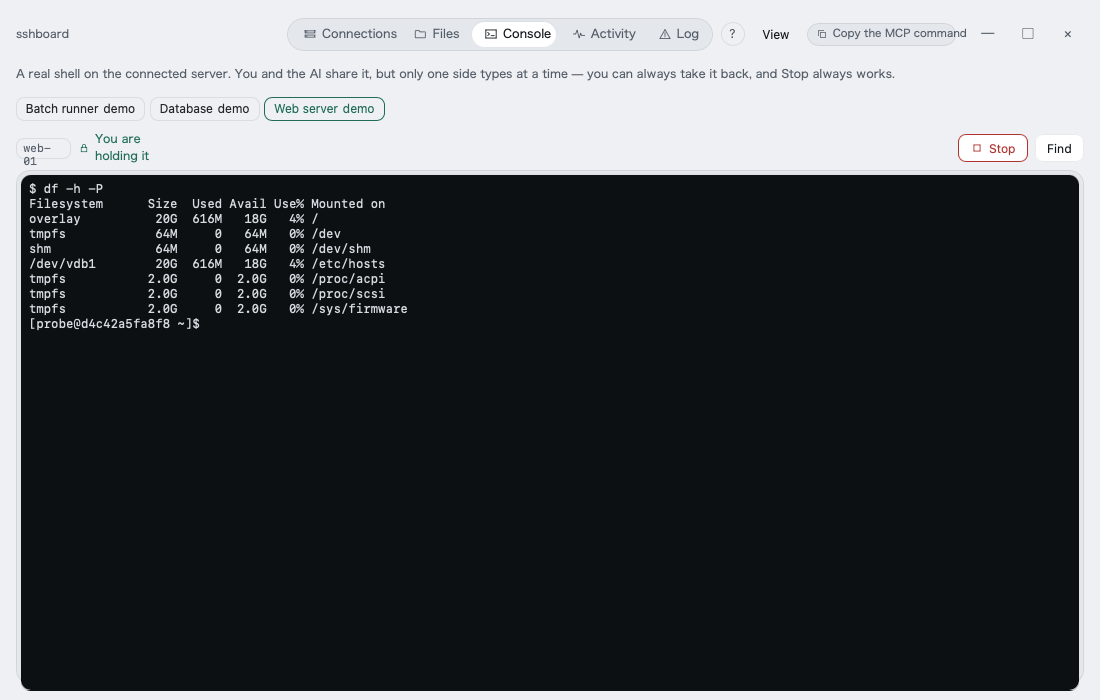 One shared console; the tabs along the top are the open connections