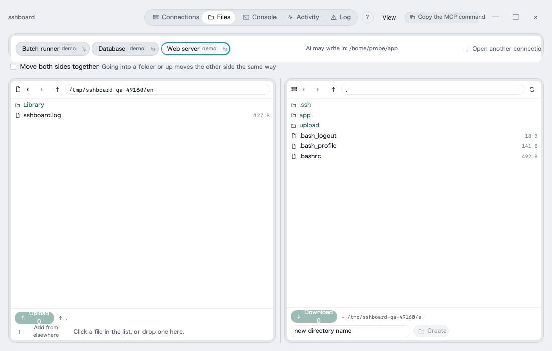 The two-pane file browser; the agent's writable directory is shown at the top
