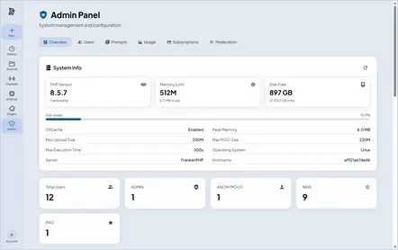 Admin panel with system info and user counts