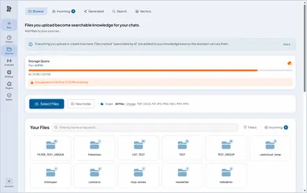 File manager with folders and storage quota