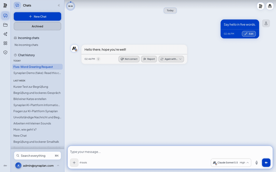 A thirty-second tour of Synaplan: a chat answer and its cost, default models with cost badges, the file library, generated images and audio, and connected apps