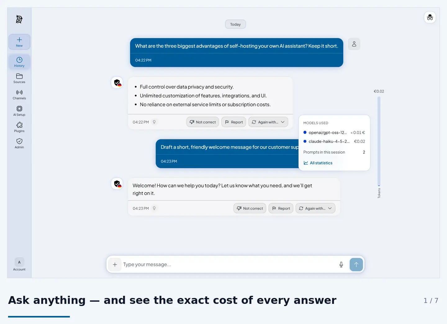 A tour through Synaplan: chat with live cost tracking, one-key provider setup, per-task model choice, document search, media generation, the embeddable chat widget and white-label branding