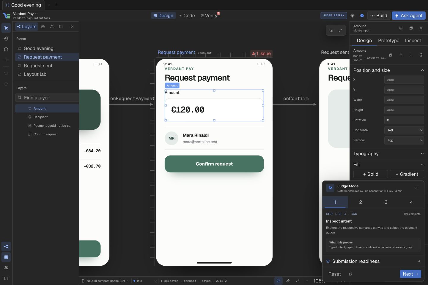 Verdant Pay semantic Design workspace with layers, compact canvas, inspector, and Judge Mode