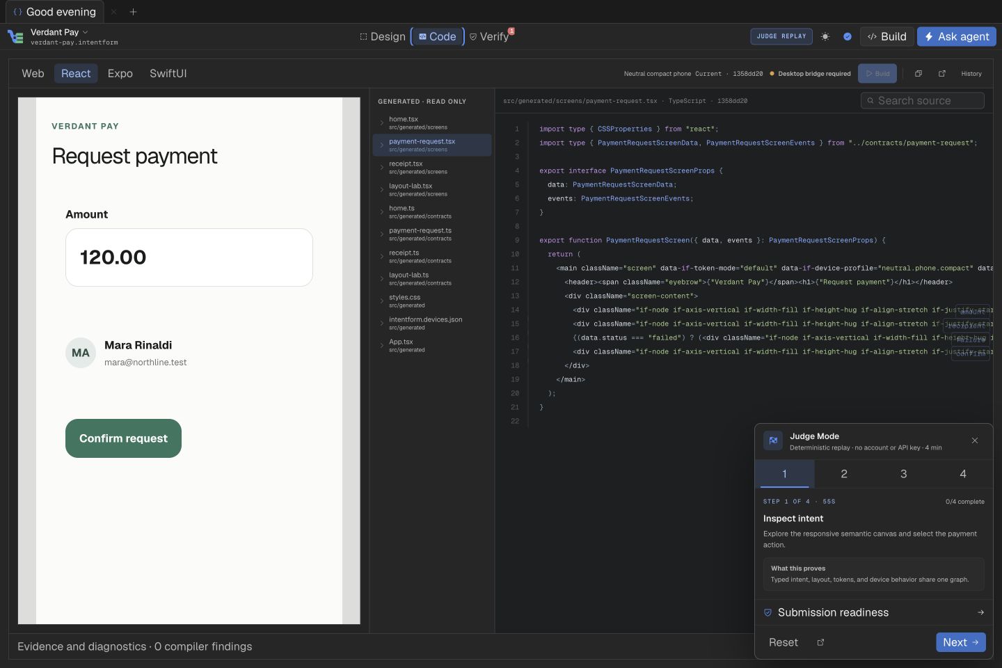 Generated React source beside its running projection and compiler diagnostics