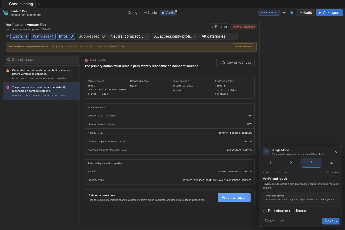 Verification workspace separating semantic findings from missing build evidence