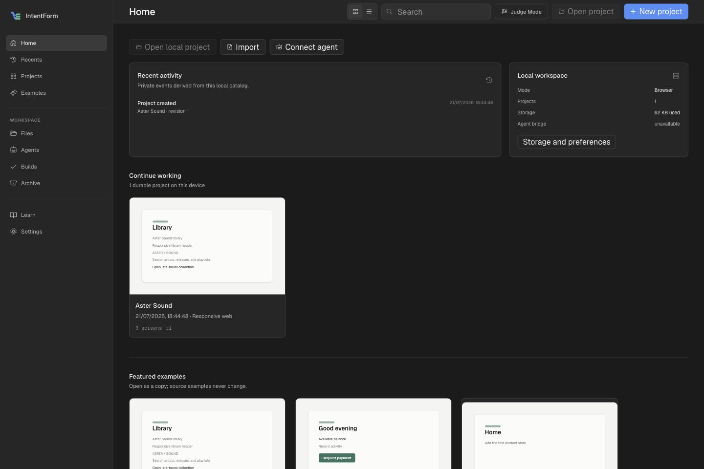 Local-first launcher with a durable Aster Sound project and private activity