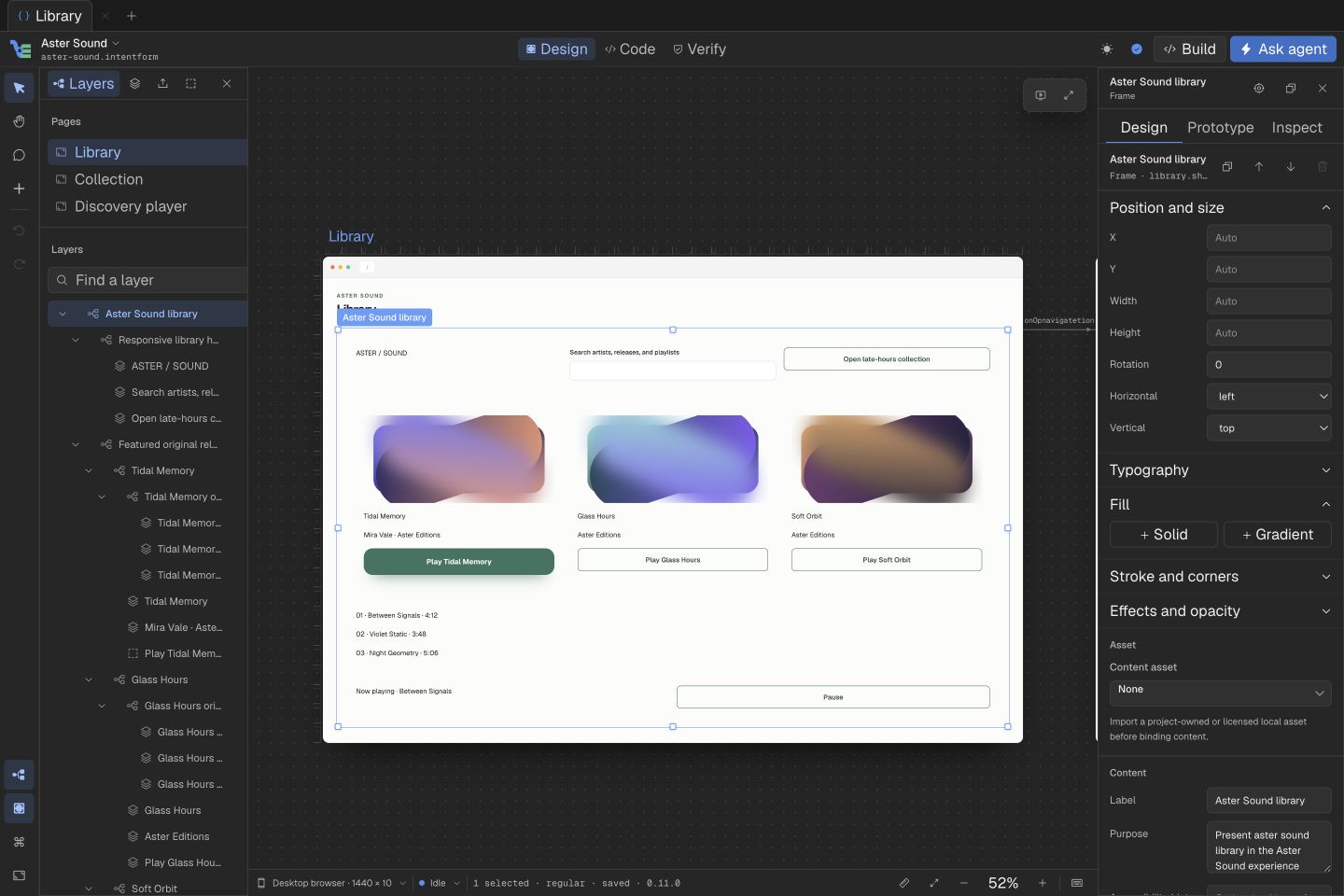 Aster Sound responsive web project with graph-native artwork, layers, and semantic inspector