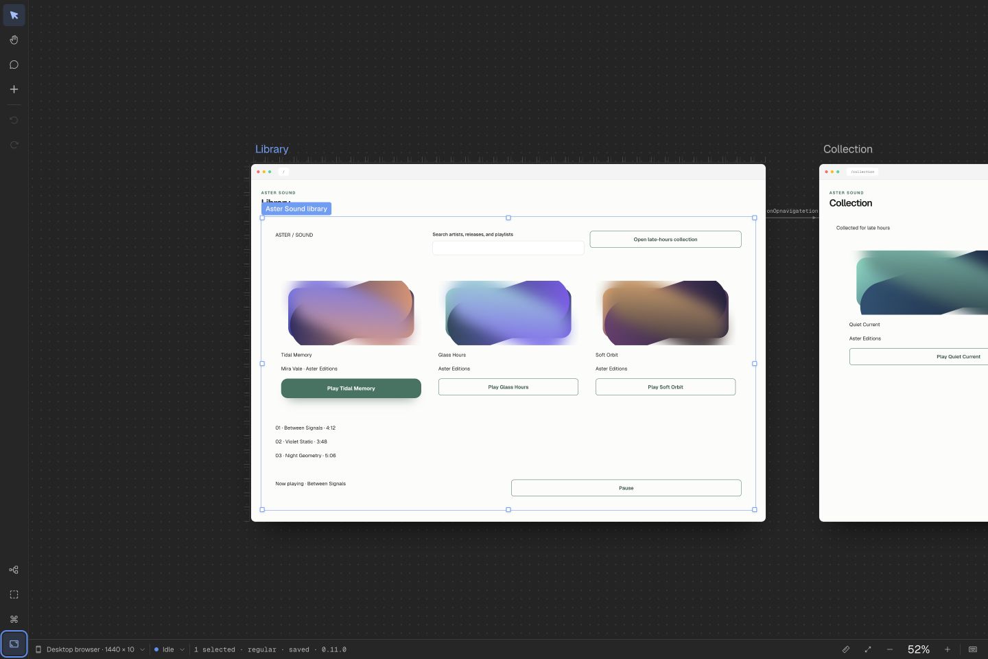 Minimal Aster Sound canvas showing synchronized Library and Collection screens
