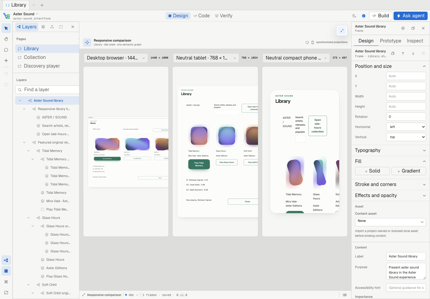 IntentForm showing the Aster Sound semantic source across synchronized desktop, tablet, and phone frames