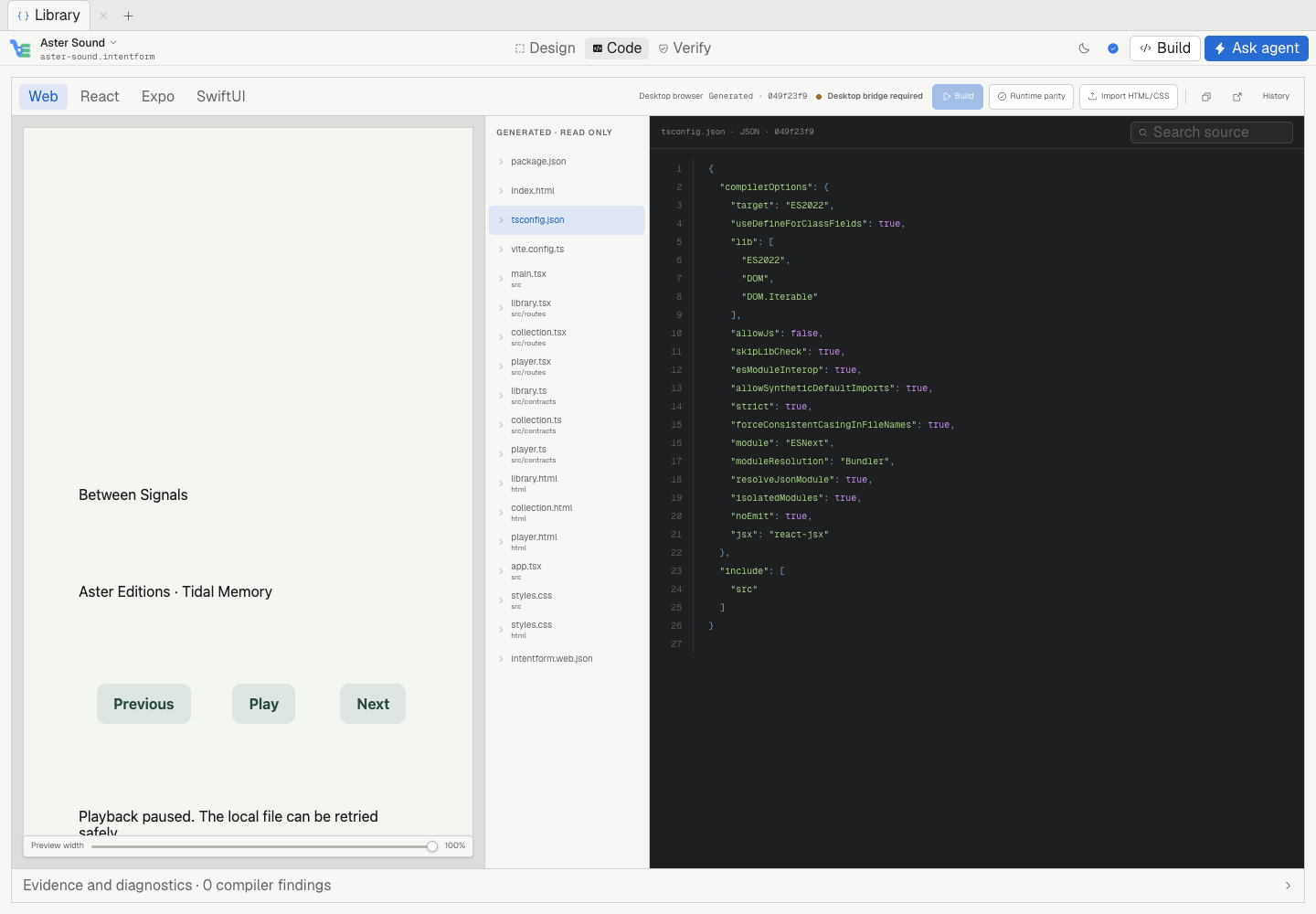 IntentForm Code workspace with a running projection, generated source, and exact build evidence