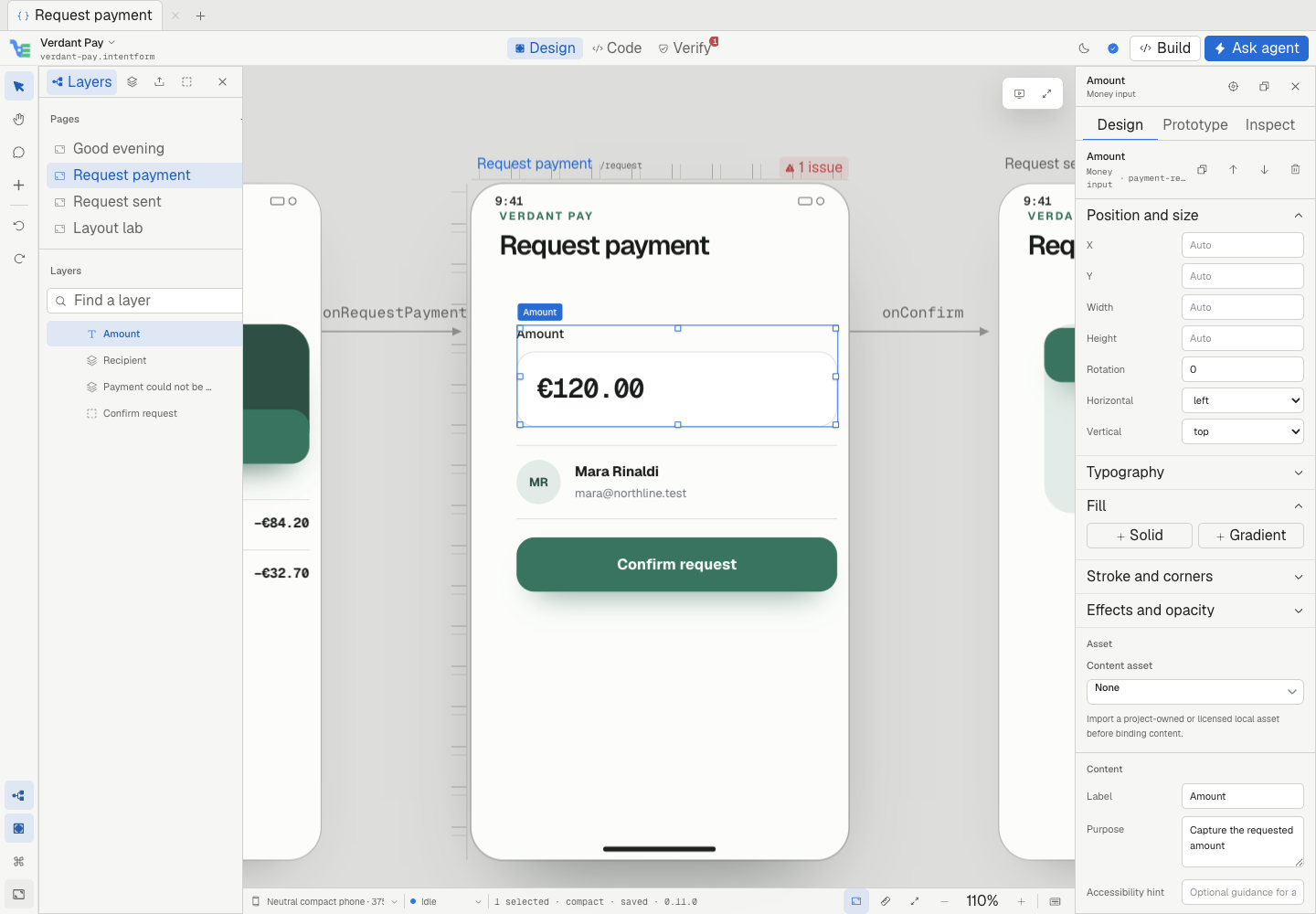 IntentForm Design workspace with semantic layers, direct selection, prototype flow, and inspector