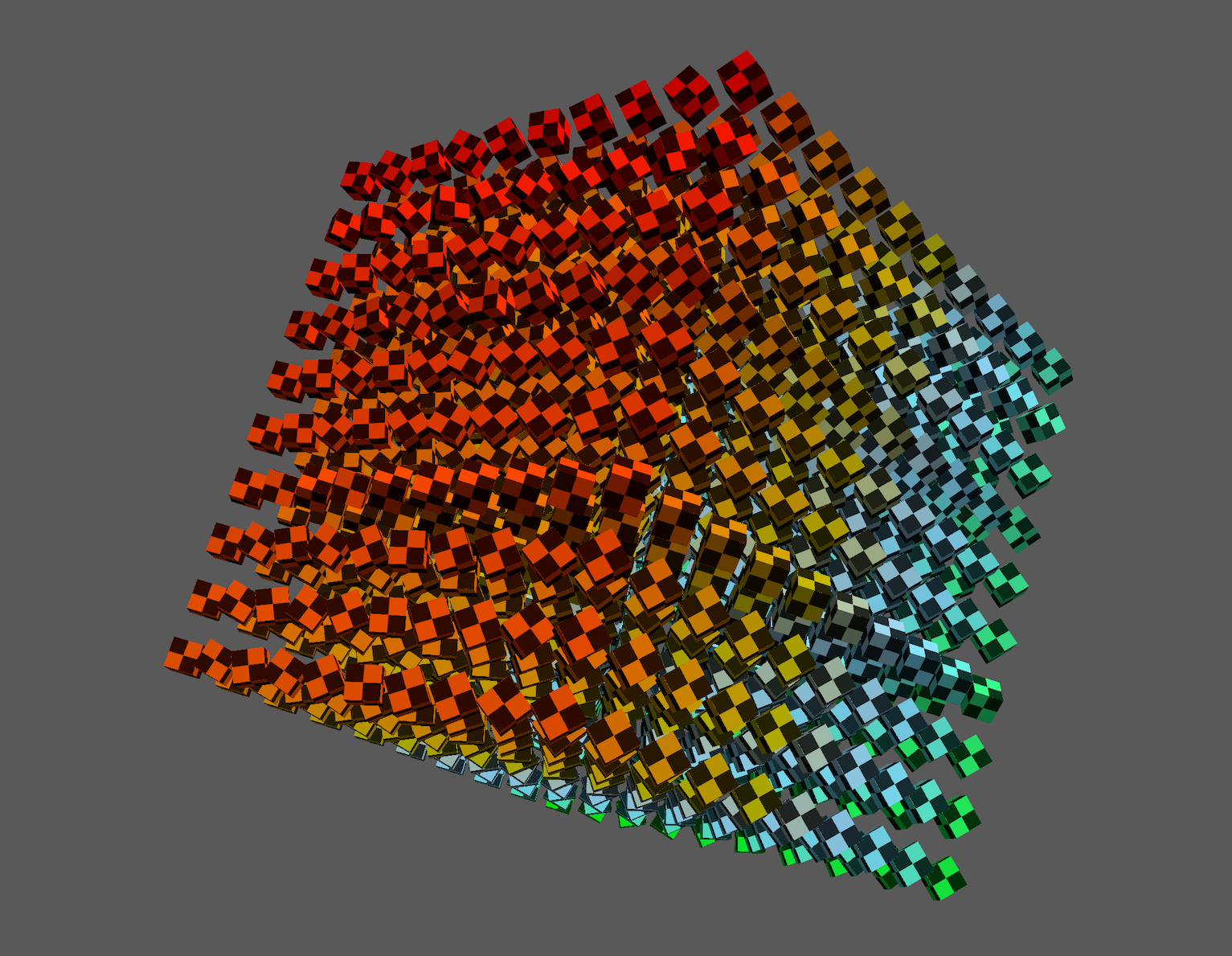 Hundreds of colored cubes, each rotated in differently, are arranged in the shape of a much larger cube