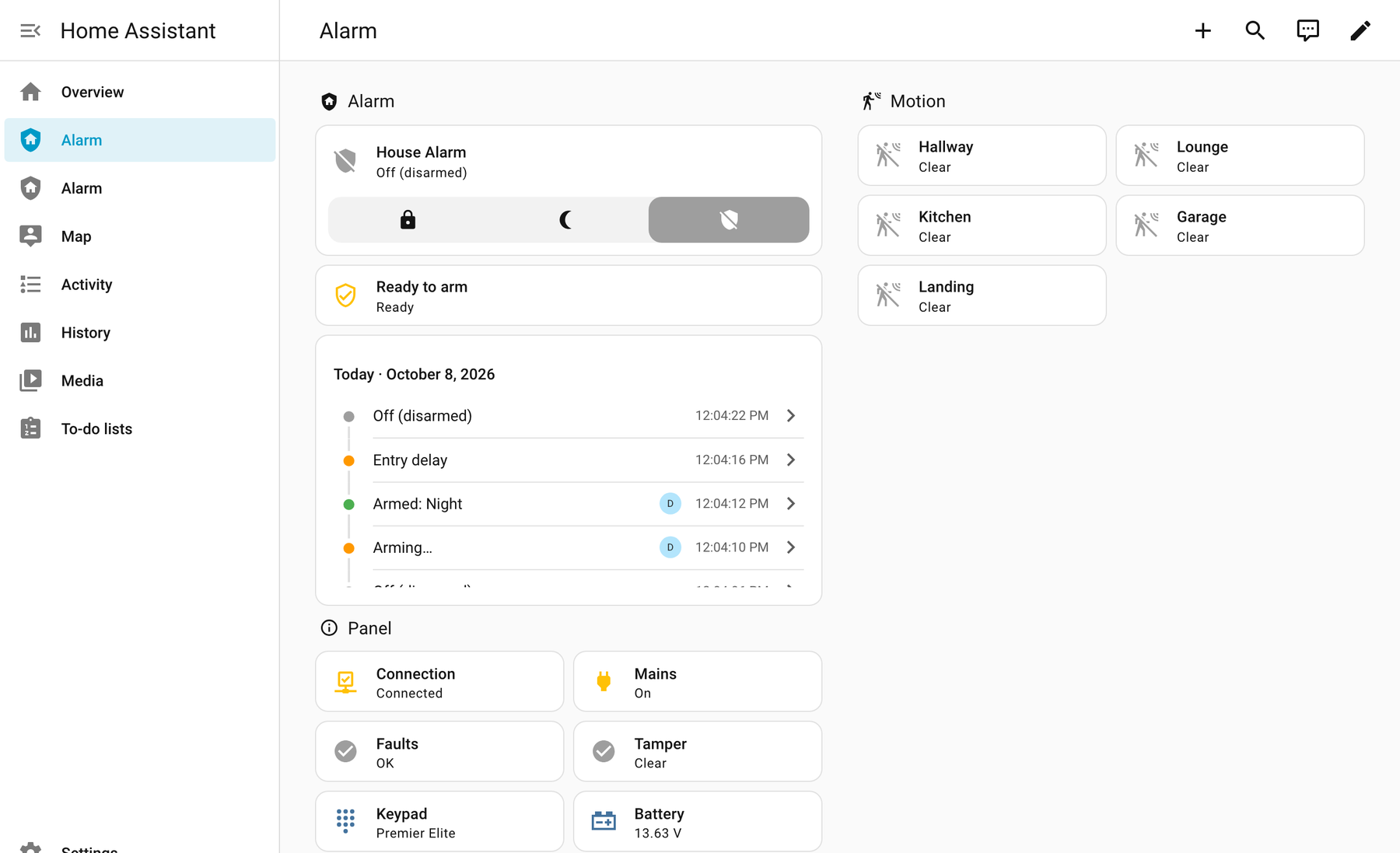 The Alarm dashboard: the alarm with its Away, Night and Off buttons, Ready to arm, recent activity, panel health, and every zone grouped by type