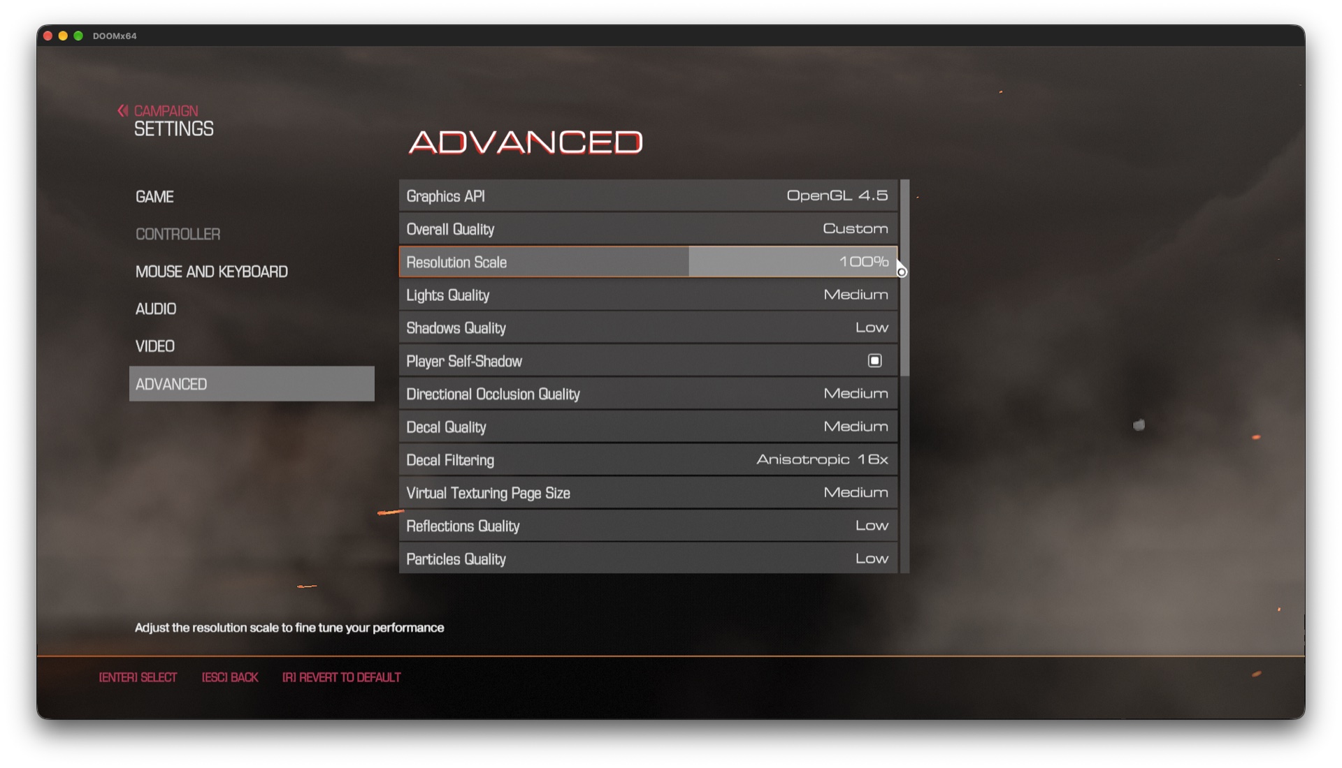 DOOM (2016) settings with the OpenGL graphics API