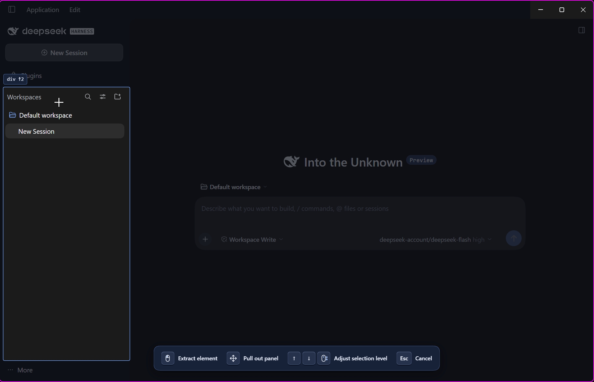 English dark theme: selected workspace list with the picker hint bar