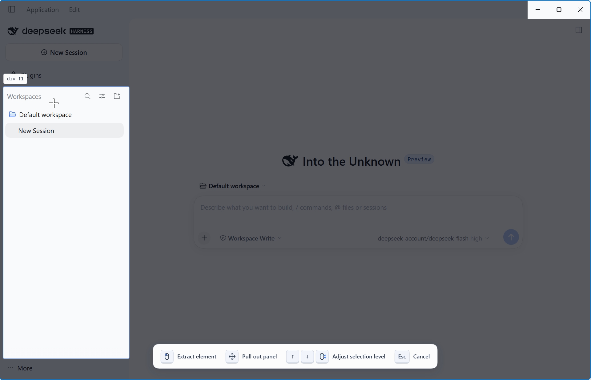 English light theme: selected workspace list with the picker hint bar
