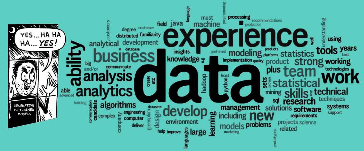 Word Cloud: data, experience, business, analysis, etc. To the left is the Siccos meme of a man pressed up against a window with a word bubble: Yes... Ha ha ha... YES! On the man's shirt says Generative Pre-Trained Models.