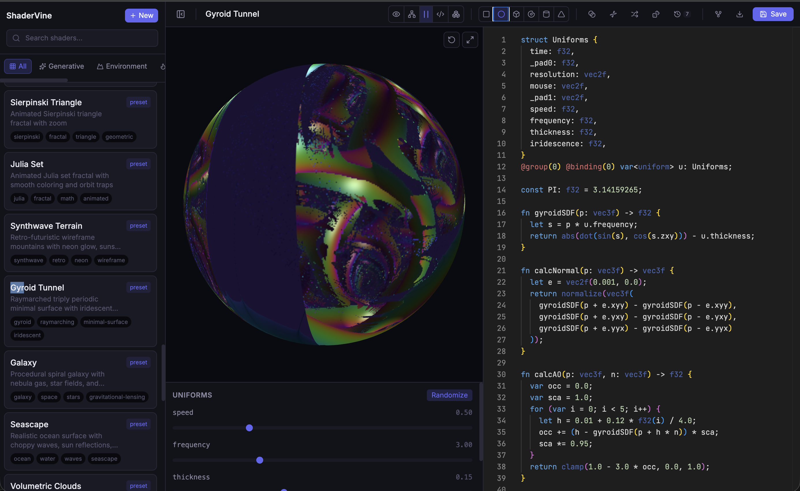 ShaderVine — Gyroid Tunnel shader on a sphere with live code editor
