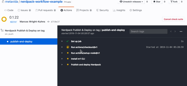 Screencast of a GitHub Actions workflow deploying a Nerdpack