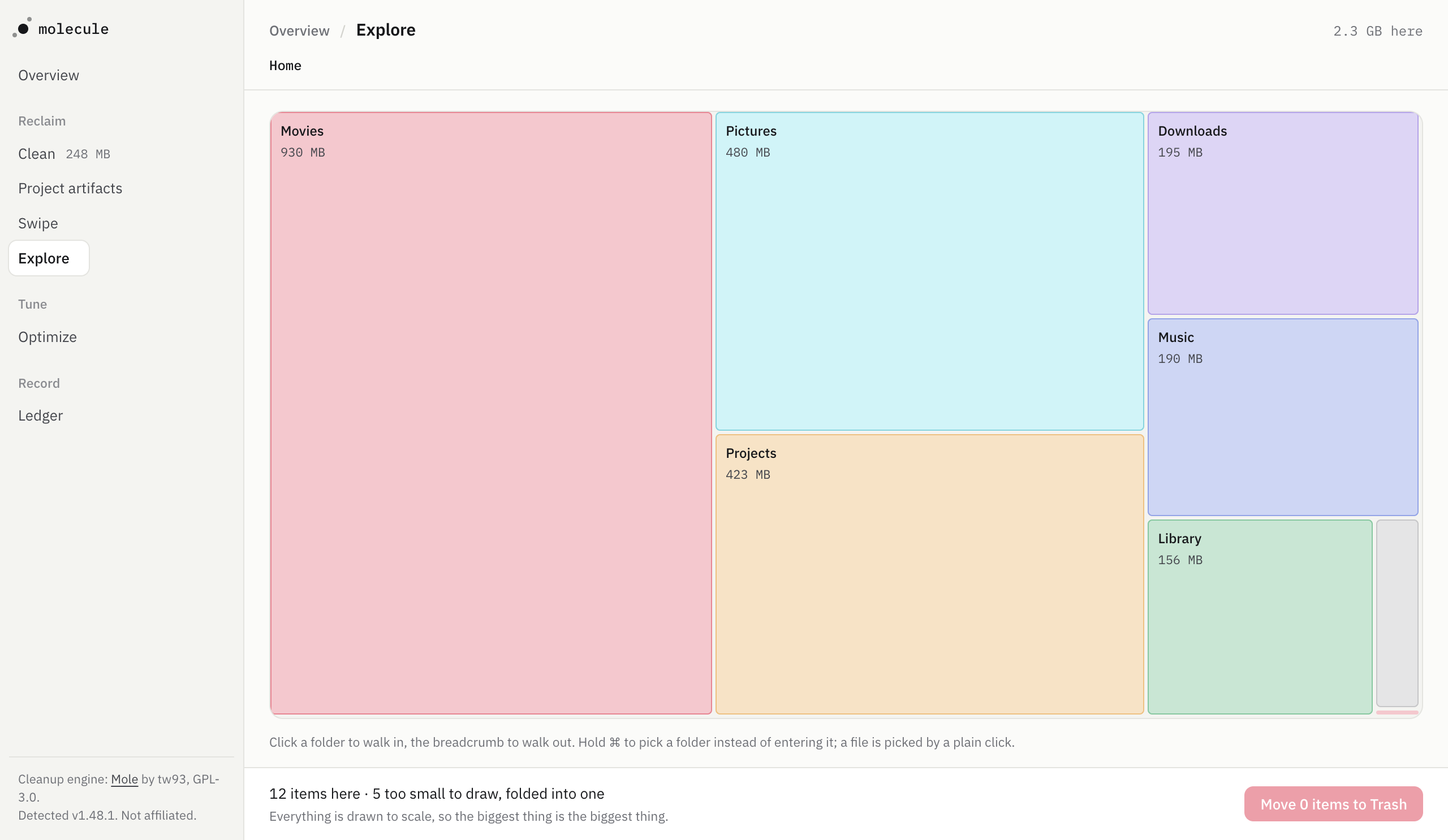 Explore: the disk drawn to scale, one rectangle per folder