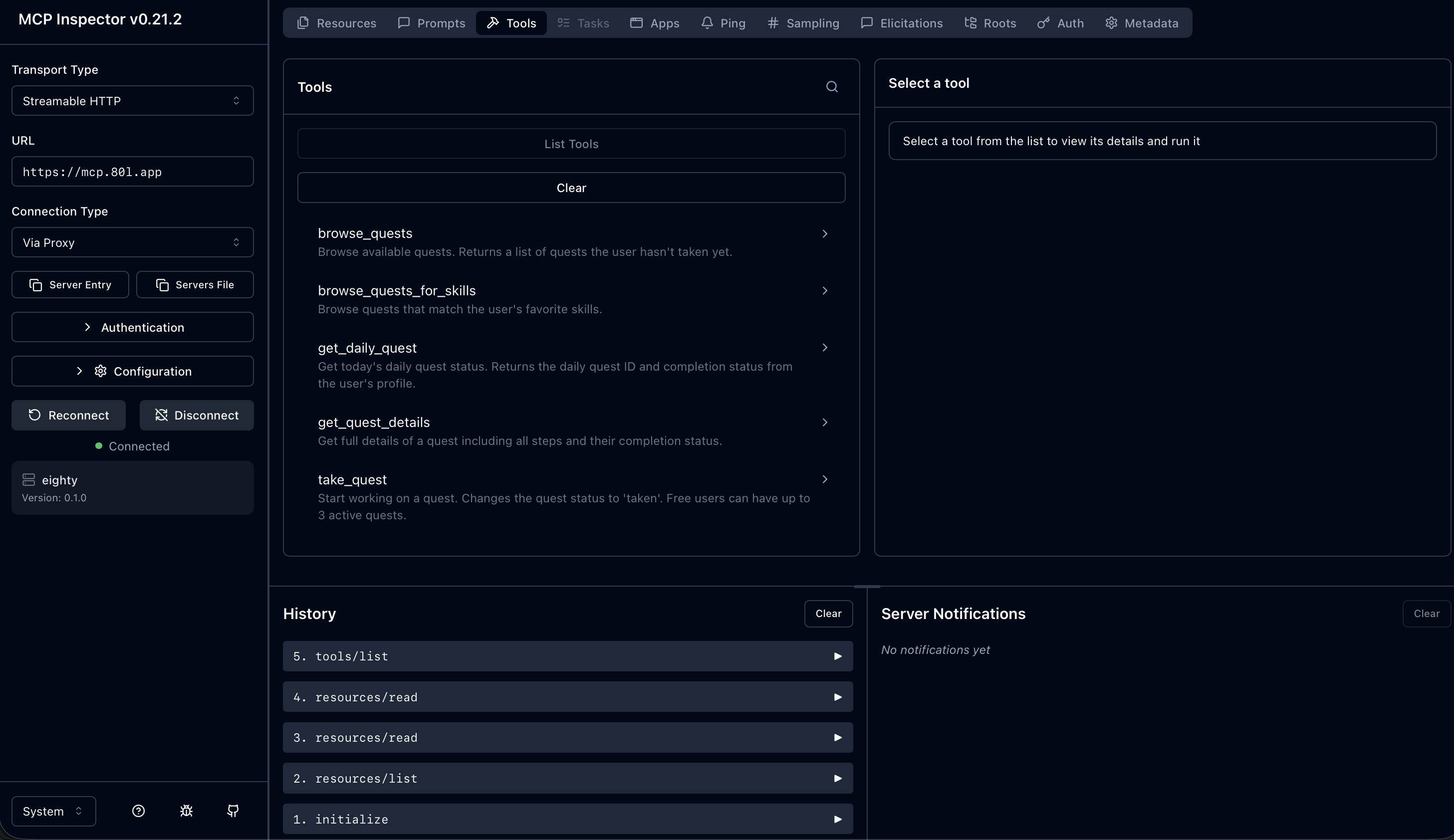 MCP Inspector connected to mcp.80l.app, showing the eighty tool catalog